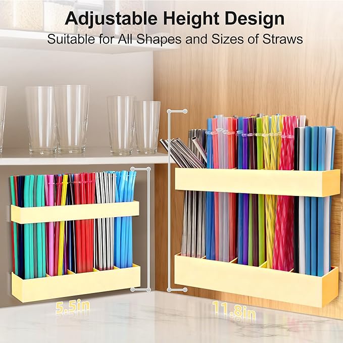 9.5” Large Acrylic Straw Holder for Cabinet Door, Reusable Adjustable Two-Part Straws Organizer with Ultra Sticky Adhesive Strips, 2026 Straw Storage for Kitchen Cupboard (Milky Yellow)