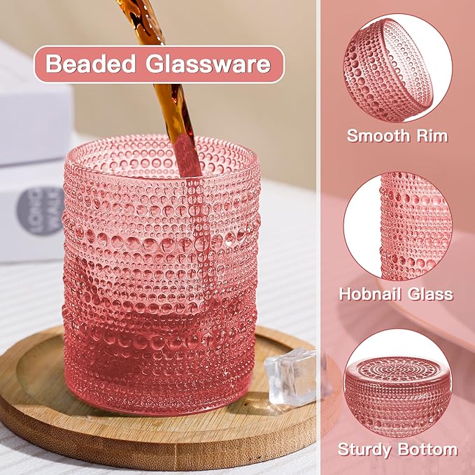 JOVGANK Pink Vintage Hobnail Drinking Glasses Set of 6, Embossed Water Tumbler 12oz, Kitchen & Bar Beaded Glass Cups, Beverage Glass Cups for Water, Beer, Juice, Housewarming and Mother's Day Gift