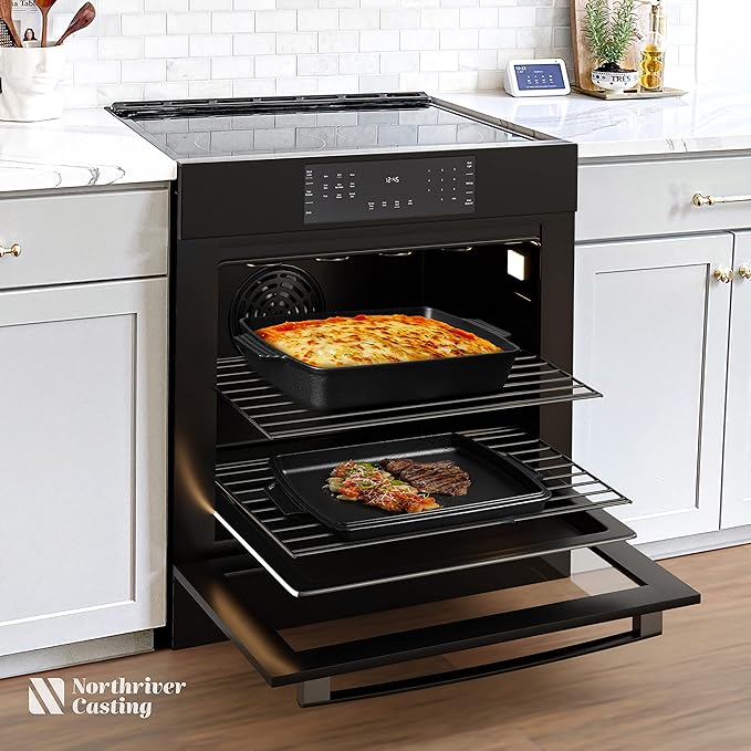Northriver Casting 2-In-1 Pre Seasoned Cast Iron Dutch Oven With Skillet Lid,Casserole Dish,Rectangular Baking Pan,Griddle Pot Set, 6QT, 9"x13"