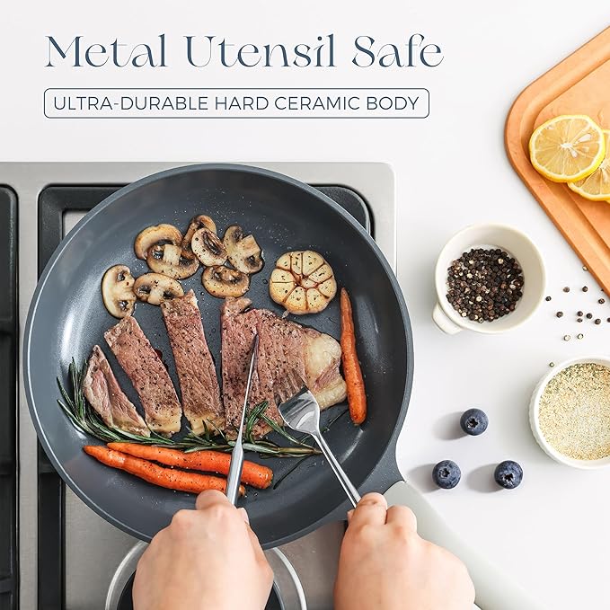 PRICUSIS Ceramic Pots and Pans Set Nonstick, 21Pcs Nontoxic Induction Cookware Set, 100% Dishwasher Safe, Stay Cool Handle, Fully Coated, PTFE PFOA & PFAS Free (Blueberry Gray）