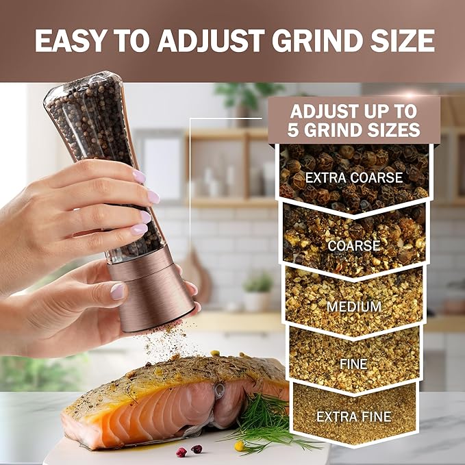 HOME EC Original Stainless Steel Salt or Pepper Grinder 1pk - Adjustable Ceramic Sea Salt Grinder or Pepper Mill - Tall Glass Spice Shaker - Spice Mill w/Ebook (Copper)