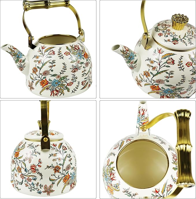 Vintage Enamel Tea Kettle, Colorful Floral Pattern Stovetop Teapot with Gold Handle, 2.5L Enamel Kettle Kitchen Decor, Ideal Gift for Housewarming Camping Coffee Pot