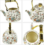Vintage Enamel Tea Kettle, Colorful Floral Pattern Stovetop Teapot with Gold Handle, 2.5L Enamel Kettle Kitchen Decor, Ideal Gift for Housewarming Camping Coffee Pot