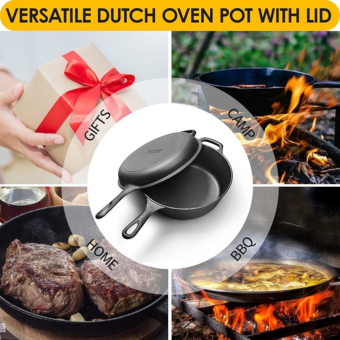 EDGING CASTING 2-in-1 Pre-Seasoned Cast Iron Dutch Oven Pot with Skillet Lid Set, 10" Skillet 3QT Pot for Cooking, Baking, Frying and Camping