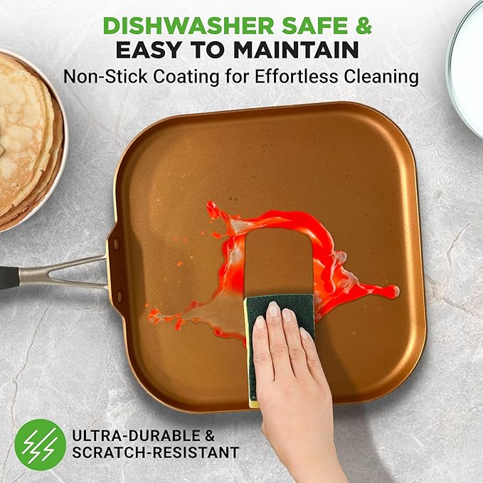 NutriChef Copper Pan Non-Stick Coating Inside, Hard-Anodized Look Heat Resistant Lacquer Outside, Silicone Handle NCSQPA, 1 Griddle