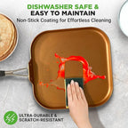 NutriChef Copper Pan Non-Stick Coating Inside, Hard-Anodized Look Heat Resistant Lacquer Outside, Silicone Handle NCSQPA, 1 Griddle