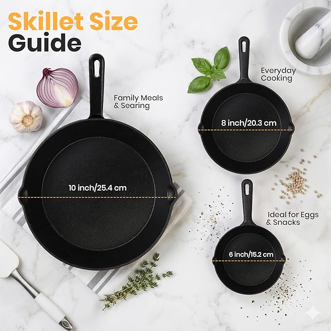 Utopia Kitchen Cast iron Skillets 3 Piece Set, Chefs Pan, Pre Seasoned Cast iron Skillets, 6, 8 & 10 Inches, Easy Use in the Oven, Stove, Grill, or Campfire, Black