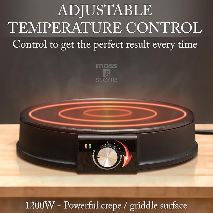 Moss & Stone 12” Electric Griddle Pan & Crepe Machine, Non-Stick Electric Crepe Maker with Adjustable Temperature, Includes Spreader & Spatula – Ideal for Pancakes, Blintzes & Tortillas