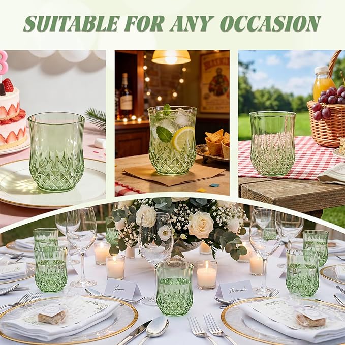12 Pack Plastic Stemless Wine Glasses,12oz Unbreakable Vintage Elegant Drinking Glass Set,Reusable Fancy Cocktail Cups for Party, Wedding, and Bulk Events (12, 12oz-Sage Green)