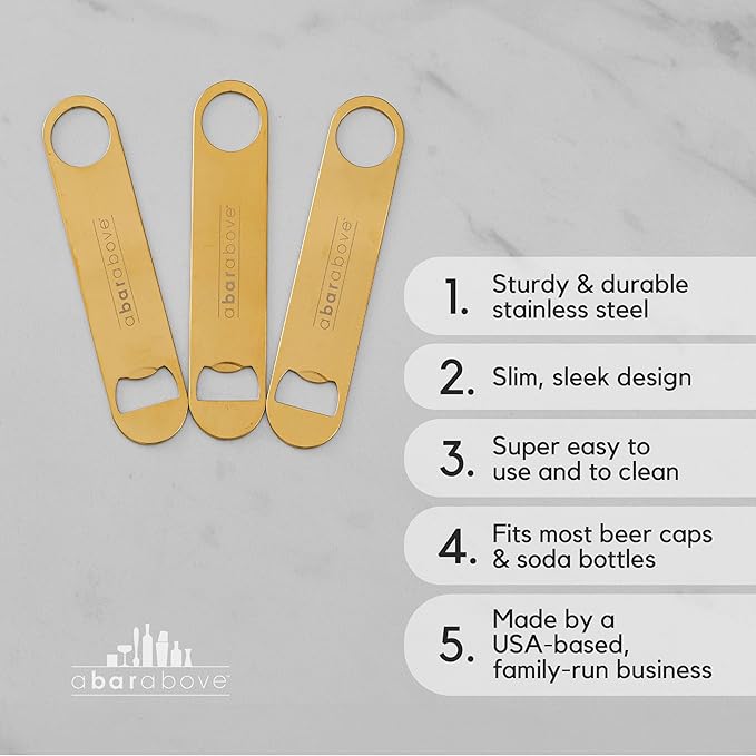 A Bar Above Bottle Opener, Bartender Tool, Flat Bar Blade Speed Opener, Heavy Stainless Steel Beer Cap Lifter With Thumb Hole, Dishwasher Safe Rust Resistant, Bartender Accessories, Silver, Pack of 3
