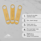 A Bar Above Bottle Opener, Bartender Tool, Flat Bar Blade Speed Opener, Heavy Stainless Steel Beer Cap Lifter With Thumb Hole, Dishwasher Safe Rust Resistant, Bartender Accessories, Gold, Pack of 3