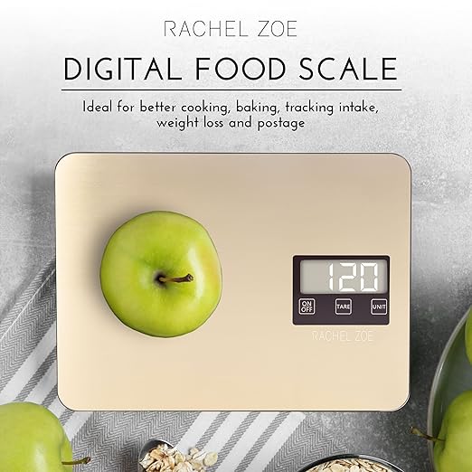 Rachel Zoe Digital Kitchen Food Scale with Non-Slip Base for Home and Kitchen, Measures in Pounds, Grams, Milliliters & Kilograms, Battery Operated Aluminum Electric Scale for Meals, Baking & Diets