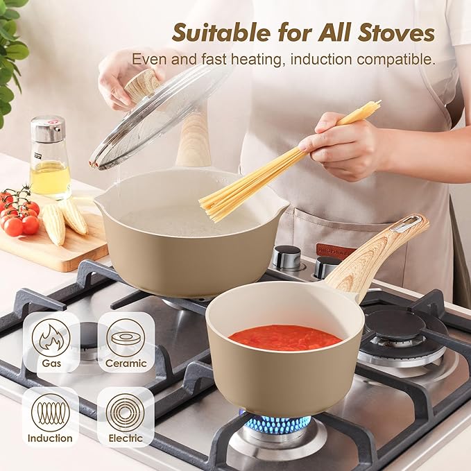 SENSARTE Ceramic Nonstick Sauce Pan with Lid, 3.0 Quart Saucepan with Double Spout, Large Cooking Pot, Non toxic Kitchen Sauce Pot, Non stick Saucier Pan, Induction Cookware, PFOA PTFE PFAS Free