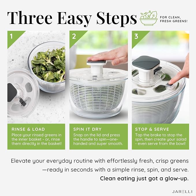 Glass Salad Spinner Large Capacity 6.3QT with Storage Lid | Boroscilicate Glass Bowl and BPA-Free and Food-Safe Colander, Base, Spinner Lid and Storage Lid | Washing, Spinning, and Draining