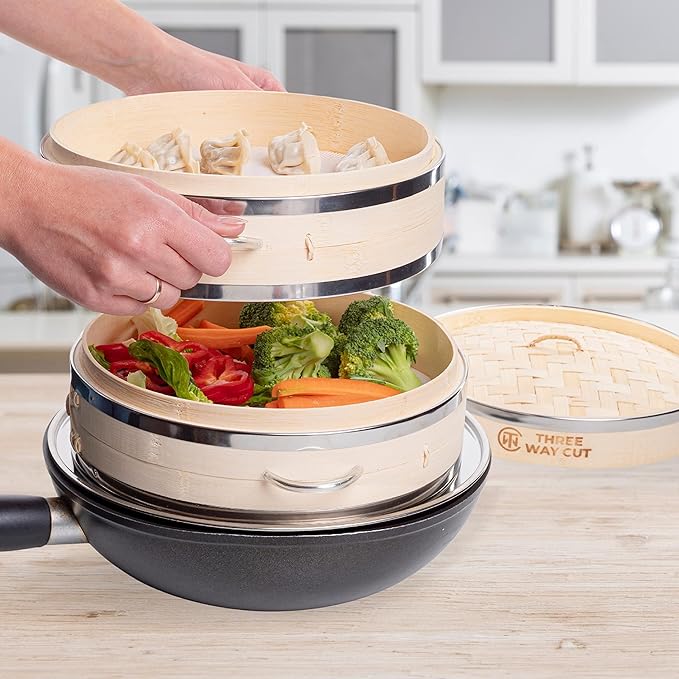 2-tier 10" Bamboo Steamer with Reinforcement & Handle, Reusable Silicone Liner & Accessories Kit For Cooking Dumpling, Baby Bao Bun, Dim Sum, Rice Potsticker Steaming Chinese Asian Food & Vegetables
