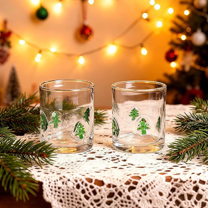 2 Pcs Handmade Christmas Tree Icon Juice Glass Cup, 14 oz Double Old Fashioned Stemless Wine Cocktail Drinking Glass Cup for Holiday Party Supplies Xmas Gifts