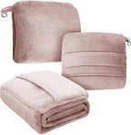 DEZ FURNISHINGS 4-in-1 Travel Compact Blanket Pillow Super Soft Velvet with Luggage Sleeve and Backpack Clip, Dusty Pink, 60" x 45"