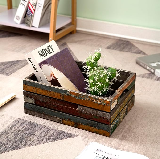 TIMRIS Set of 3 Rustic Distressed Wood Nesting Crates, Farmhouse Decorative Wooden Storage Boxes, Large Vintage Reclaimed Wood Baskets for Display (Random)