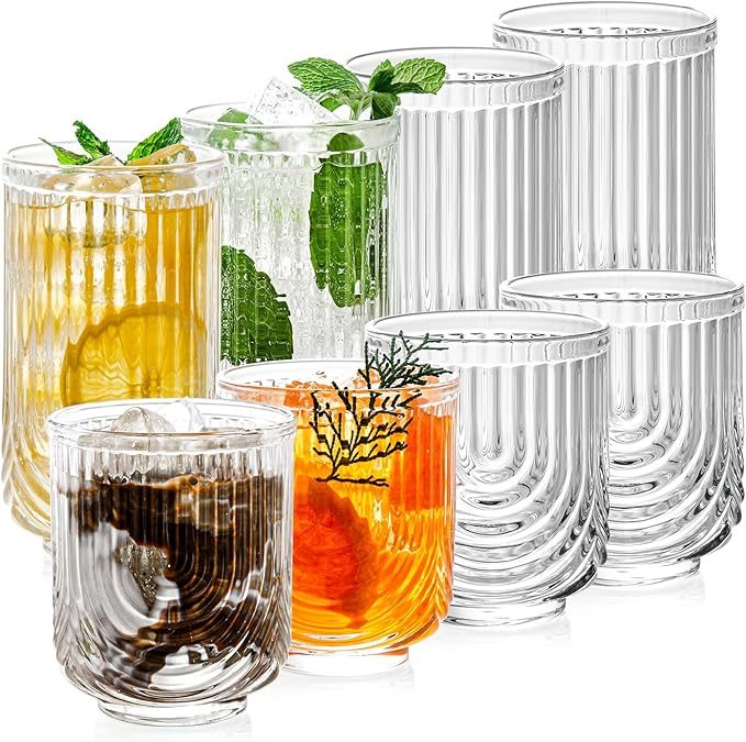Ribbed Glassware Set of 8, 4 pcs Coffee Tumbler & 4 pcs Rocks Glass Cups, Durable Cocktails & Iced Coffee Cups, Versatile Drinkware for Juice, Smoothies, Whiskey, Wine, Elegant Glass Set for Women