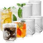 Ribbed Glassware Set of 8, 4 pcs Coffee Tumbler & 4 pcs Rocks Glass Cups, Durable Cocktails & Iced Coffee Cups, Versatile Drinkware for Juice, Smoothies, Whiskey, Wine, Elegant Glass Set for Women