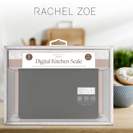 Rachel Zoe Digital Kitchen Food Scale with Non-Slip Base for Home and Kitchen, Measures in Pounds, Grams, Milliliters & Kilograms, Battery Operated Aluminum Electric Scale for Meals, Baking & Diets