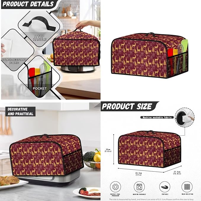 Gold Reindee Small Appliance Dust Covers Sets Toaster & Waffle Maker Washable Dust Cover for Stand Mixer/Coffee Maker Slow Cooker Dust Cover 3PCS Christmas