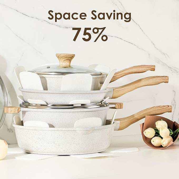 SENSARTE Nonstick Ceramic Cookware Set, 23 PCS Pots and Pans Non Toxic, PFAS & PFOA Free, Non Stick Healthy Kitchen Cooking Set with Stay-Cool Handles, White