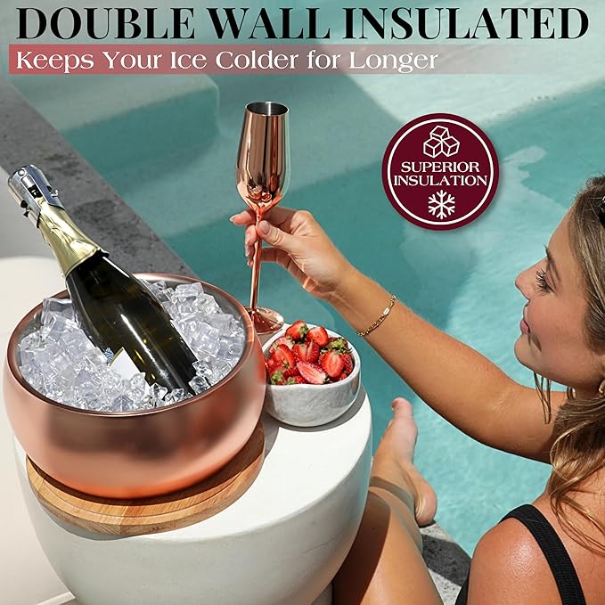 Gusto Nostro 4.1L Insulated Ice Bucket with Lid and Tongs, Double Wall Stainless Steel Ice Bucket Large, BPA Free Ice Bucket for Cocktail Bar, Keeps Champagne, Wine, Beer Chill for Parties (Rose)