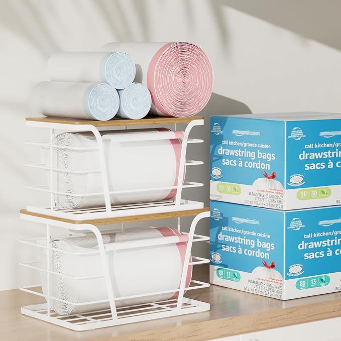 Extra Large 2 Pack Potato and Onion Storage Bins, Potato and Onion Storage Baskets with Bamboo Top, Trash Bag Dispenser, Storage Stackable for Kitchen Laundry Organizers, White