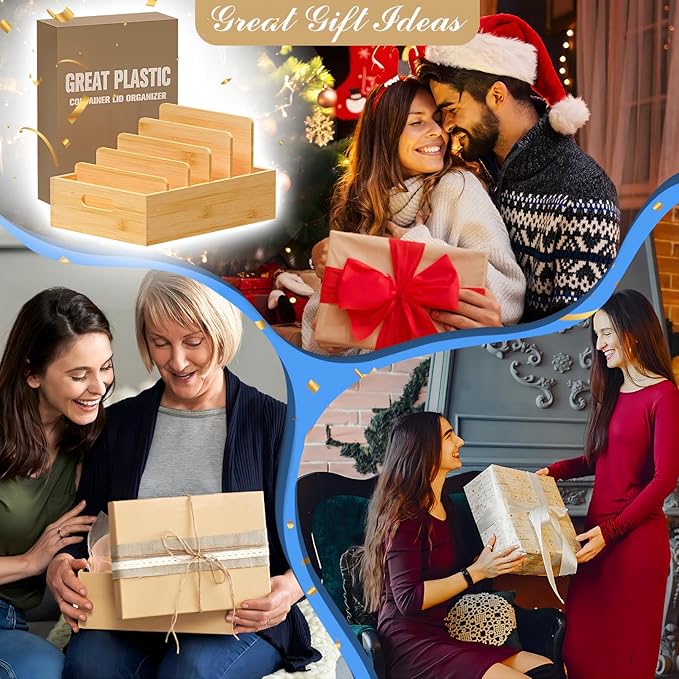 Bamboo Lid Organizers Inside Cabine, Kitchen Cabinet Organizer with 5 Adjustable Dividers, Food Container Plastic Holders for Drawer Pantry, Nature