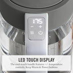 Martha Stewart  Electric  Kettle with Removable Stainless Steel Tea Infuser, Glass Carafe 1.7L (7 Cups), Hot Water Boiler, 4 Presets, Keep Warm & Auto Shut-Off, Cordless 360° Swivel Base, Caviar Gray