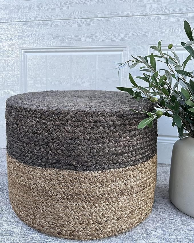 Jute Pouf Ottoman | Footrest Pouf | Hand Braided - Round Boho Pouffe - for Living Room, Bedroom, Nursery (20"x20"x10") Grey