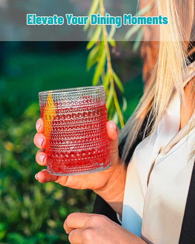 Vintage Dot-Pattern Drinking Glasses Set of 6 – 14.5 oz Clear Short Glass Cups – Embossed Textured Glassware with Anti-Slip Grip, Water Juice Soda Cocktail Tumblers – Thick Glass, Dishwasher Safe