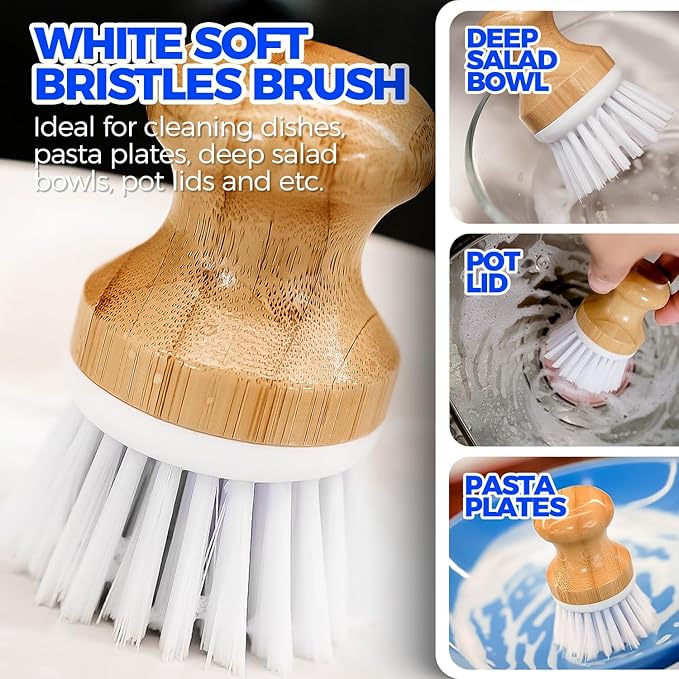 Holikme 6 Pack Dish Brush Scouring Pad Set with Bottle Brush, Dish Brush, Palm Scrub Brush and Straw Brush, Dish Scrubber Long Handle for Dish Bottle Cup Skillet Wok Pot Pan Cast Iron, White