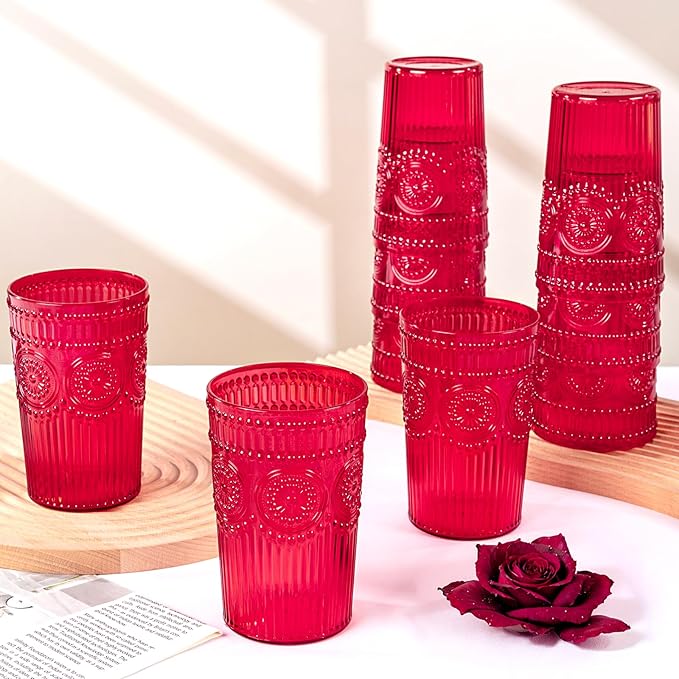 Ciaell 12 Pack Romantic Plastic Water Glasses - 14 Oz Red Vintage Drinking Glasses, Embossed Ribbed Plastic Cups, Textured Striped Set for Juice, Beverages, Beer, Cocktail & Mother's Day