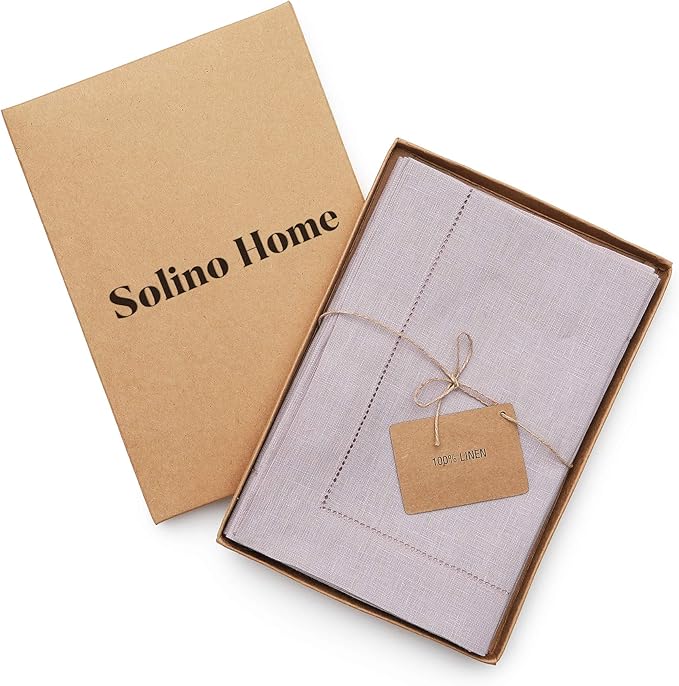 Solino Home Linen Napkins Set of 4 - Classic Hemstitch 100% Pure Linen Lilac Dinner Napkins Cloth 20 x 20 Inch for Valentines - Handcrafted and Machine Washable