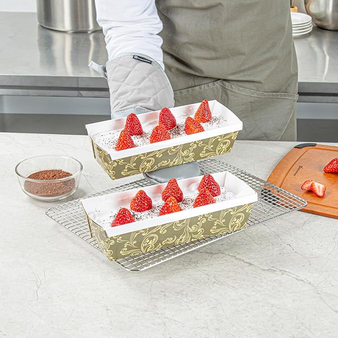 Restaurantware Paper Loaf Pan 100 Count 10 x 3.6 x 2.5 Inches 42 Oz Greaseproof Baking Loaf Mold, Vintage Floral Design Oven Safe Freezer Safe Rectangular Green Baking Pan For Cakes And Bread