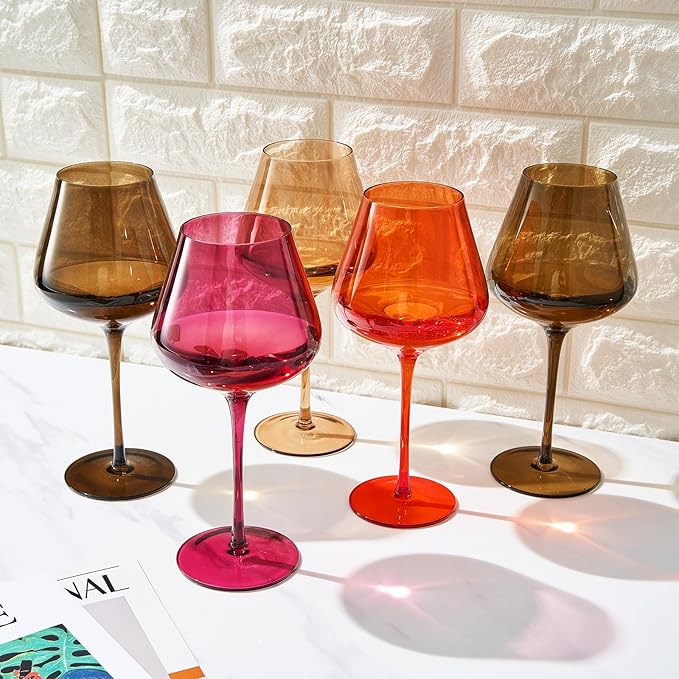 Khen Colored Crystal Wine Glass Set of 5, Large 20 OZ Glasses, Summer Flower Bright Italian Style Tall Stemmed Drinkware for Red & White Wine, Water Dinner Glasses, Color Glassware - (Stemmed)