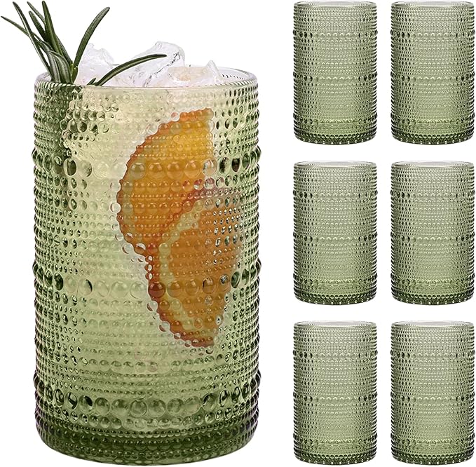 Moretoes Vintage Hobnail Drinking Glasses Set of 6, 15oz Highball Glass Cups, Kitchen Drinkware Glassware,Embossed Water Tumbler,for Beer,Cocktail,Whiskey,Juice and Various Mixed Drinks(Green)