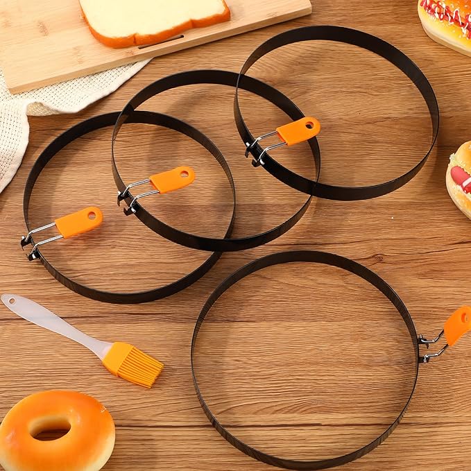Tioncy 4 Packs Large Omelette Rings for Griddle 8 Inch Stainless Steel Nonstick Pancake Molds Round Omelet Egg Ring Maker with Silicone Handle Grill and Oil Brush for Frying Egg Omelette Muffins