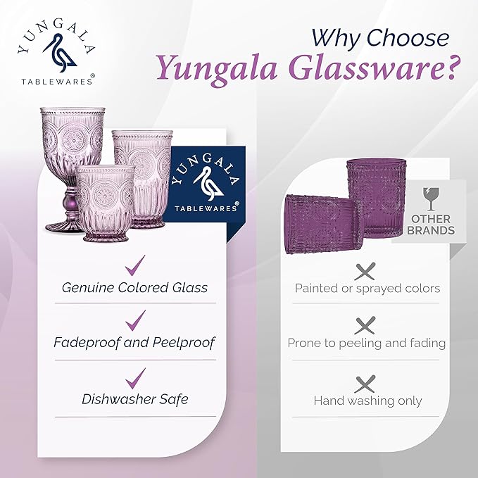 Yungala Purple Glassware, set of 6 purple drinking glasses small textured colored vintage glass cups 8 oz purple water glasses