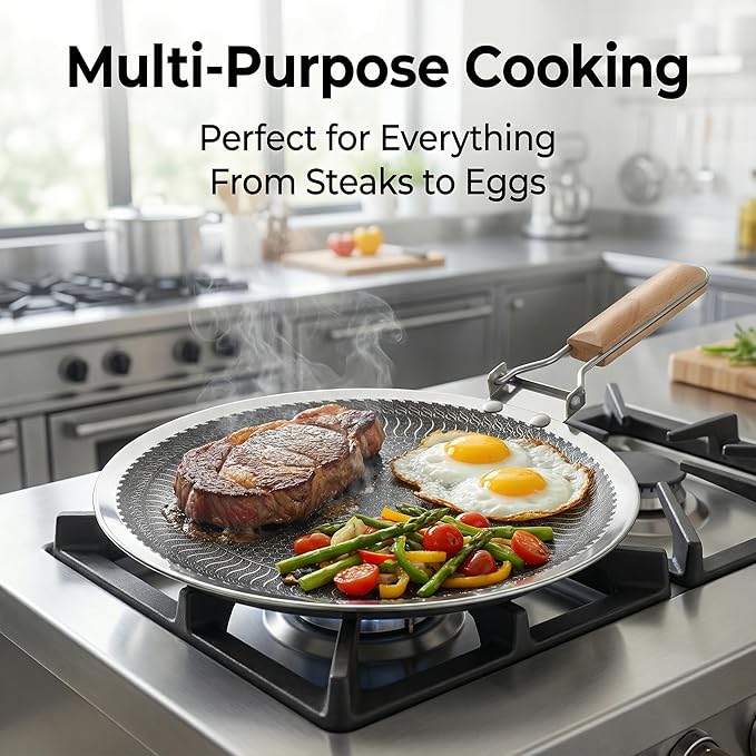 Nonstick Stainless Steel Cookware, 12-Inch Round Griddle Pan with PFAS-Free PURELYSEAR Ceramic Technology, Scratch Proof, Cool Grip Handles, Dishwasher Safe