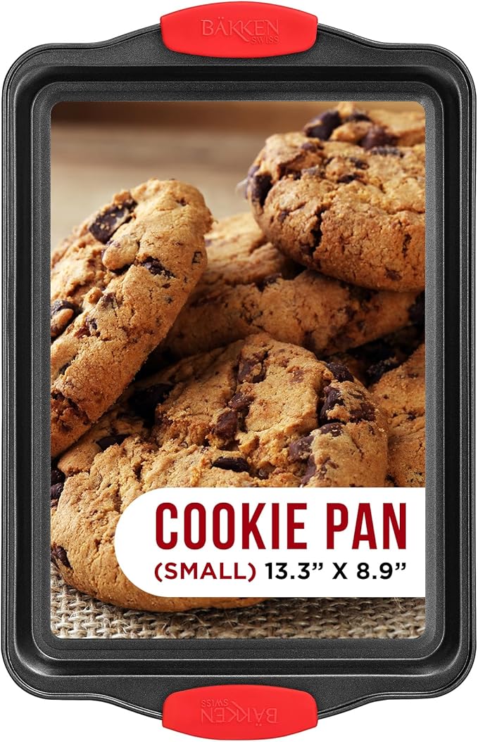 Nonstick Cookie Sheet Pan Carbon Steel Oven Tray Sheet Pan with Red Silicone Handles -Small Bakeware Pan Tray with Gray Coating Inside & Outside
