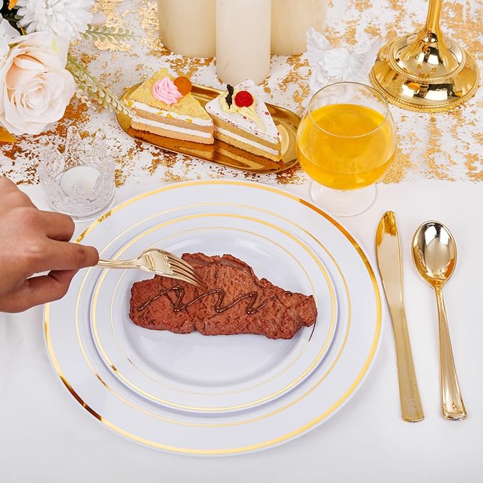 I00000 60 Pieces Gold Plastic Plates, Heavy Duty White and Gold Plastic Plates for 30 Guests Include: 30 Gold Rim Dinner Plates and 30 Gold Dessert Plates Perfect for Wedding, Party & Mother's Day