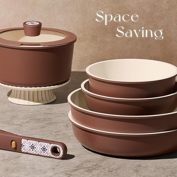 CAROTE 19Pcs Ceramic Cookware Set, Pots and Pans Set Non stick, Non Toxic Cookware Detachable Handle, Kitchen Cooking Set - Induction Cookware, Dishwasher/Oven Safe, PFAS Free, Chocolate