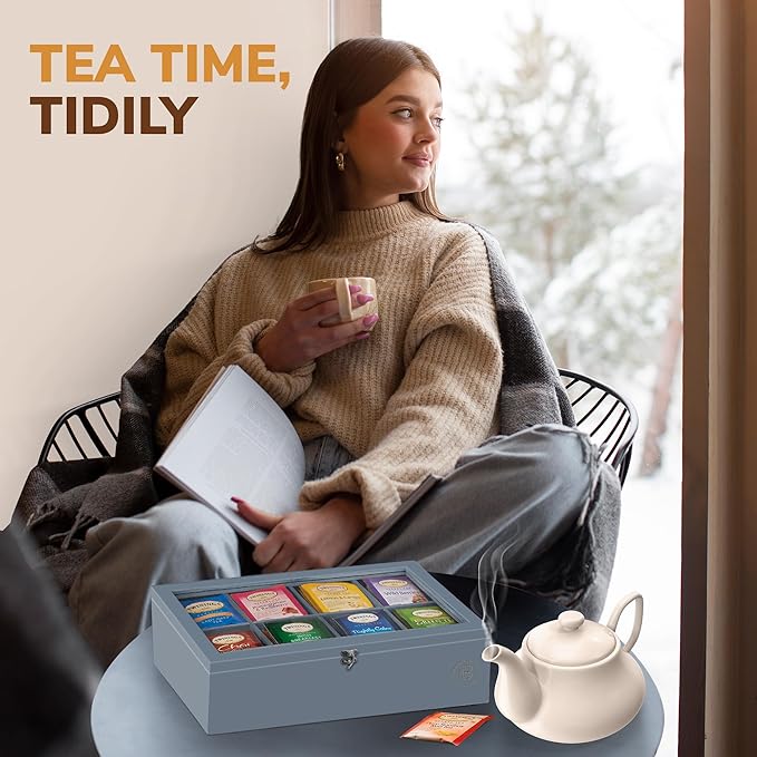 Tea Bag Organizer - Grey Bamboo Tea Box Organizer Storage Box, Tea Bag Holder with Acrylic Window, Magnetic Lid Keeps Tea Bags Fresh - Tea Organizer Caddy (Tea Not Included) Christmas Gift - Gray