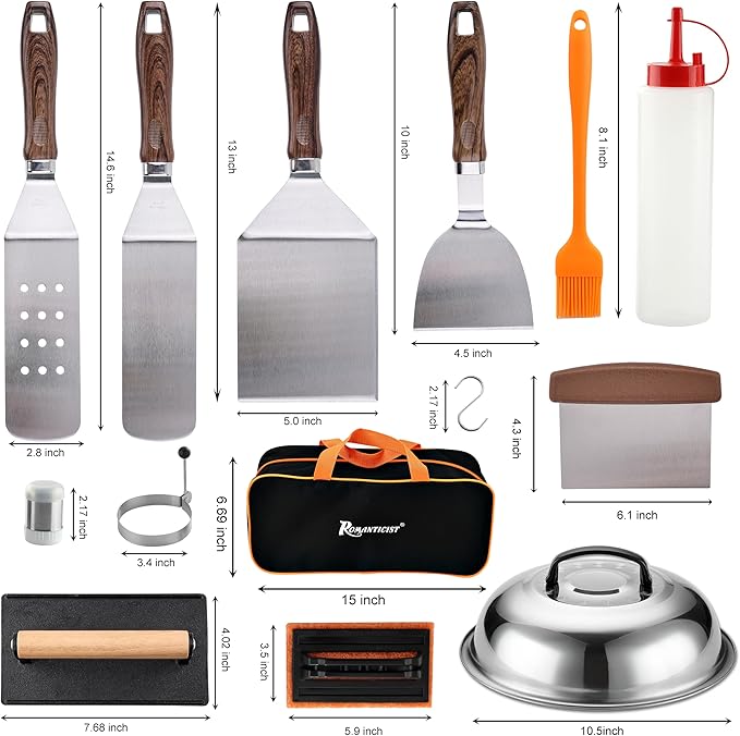ROMANTICIST 29PCS Griddle Accessories Set - Flat Top Teppanyaki Spatula Set with Scraper, Basting Cover for Camp Chef- Home Cooking Griddle and Outdoor BBQ Gifts for Christmas