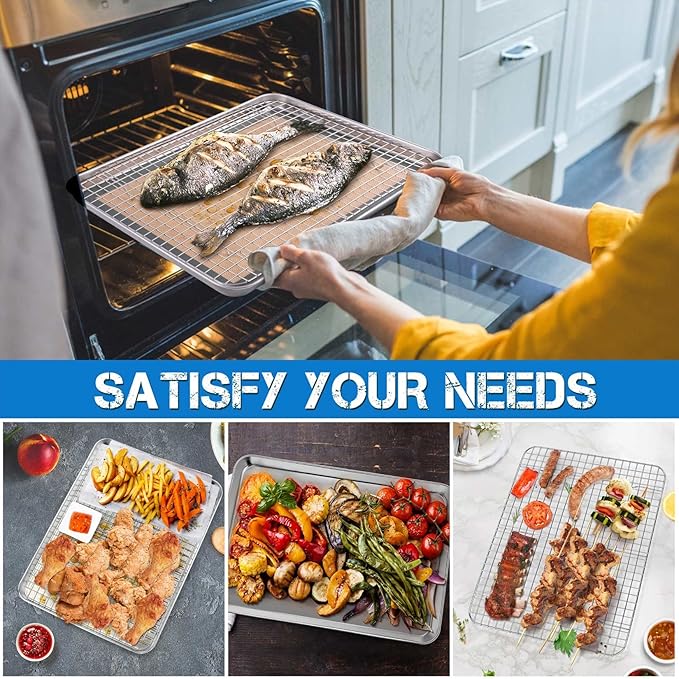 P&P CHEF 16 x 12 x 1 Inch Toaster Oven Pan with Grid Rack and Silicone Mat, Stainless Steel Toaster Oven Tray Baking Pan with Cooling Roasting Rack, Dishwasher Safe (3Pcs)