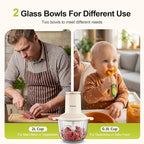 Kawu Electric Food Processor & Meat Grinder, 8 Cup (2L)+0.3L Glass Bowls, 2 Speeds with Stainless Steel Blades, 300W Mini Vegetable Chopper Food Blender for Home Kitchen