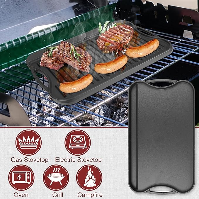 Cast Iron Reversible Grill/Griddle Pan - 17"x10" Pre-Seasoned Rectangular Double Sided Griddle Plate for Gas Stove, Oven, Camping, Indoor & Outdoor Cooking - Non-Stick, Durable & Versatile